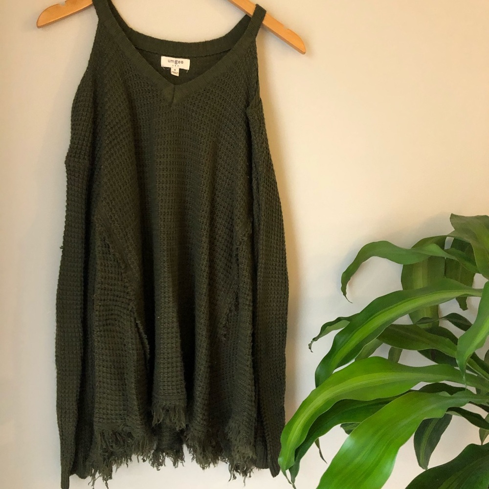 Frayed cold shoulder sweater